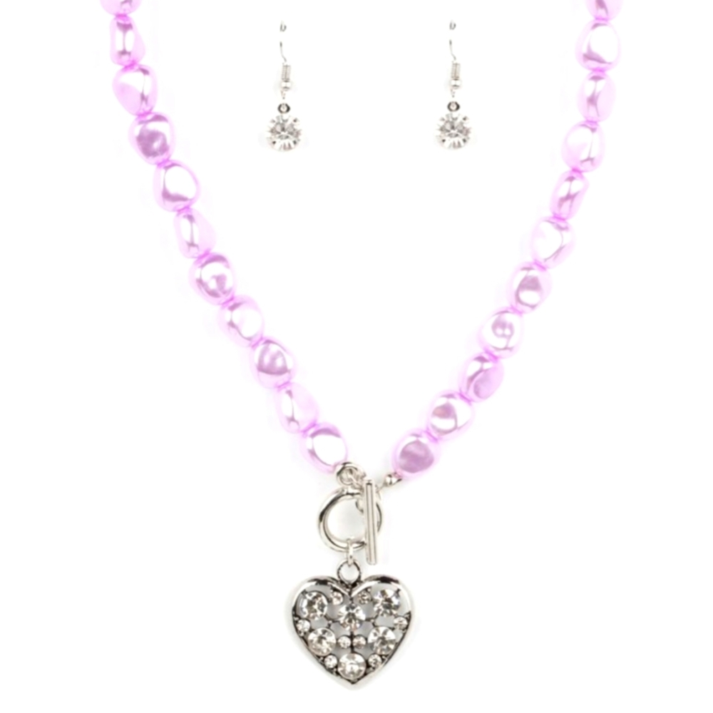 Color Me Smitten - Heart & Purple pearly beaded necklace and earrings set